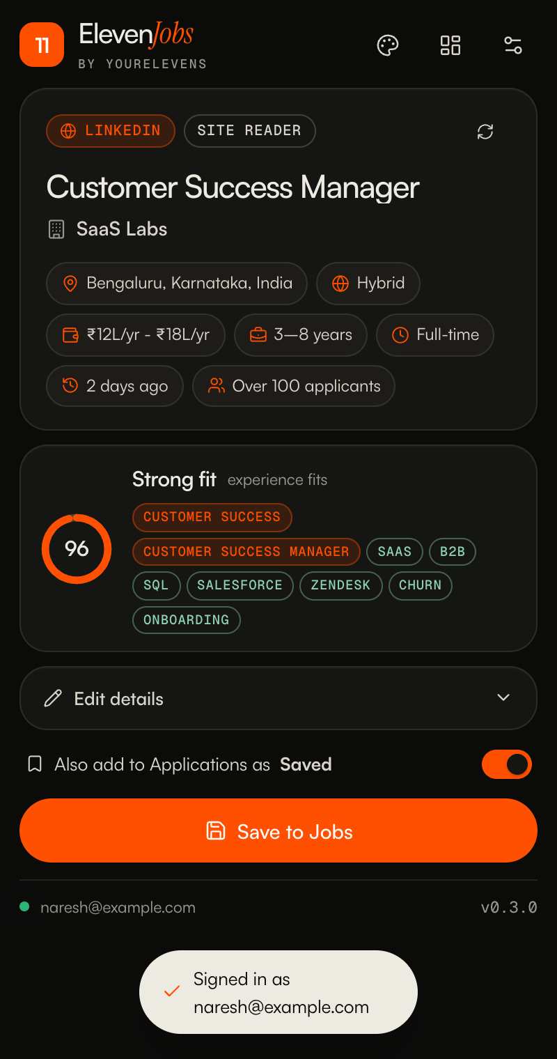 ElevenJobs in dark mode on a LinkedIn job with a 96% fit score